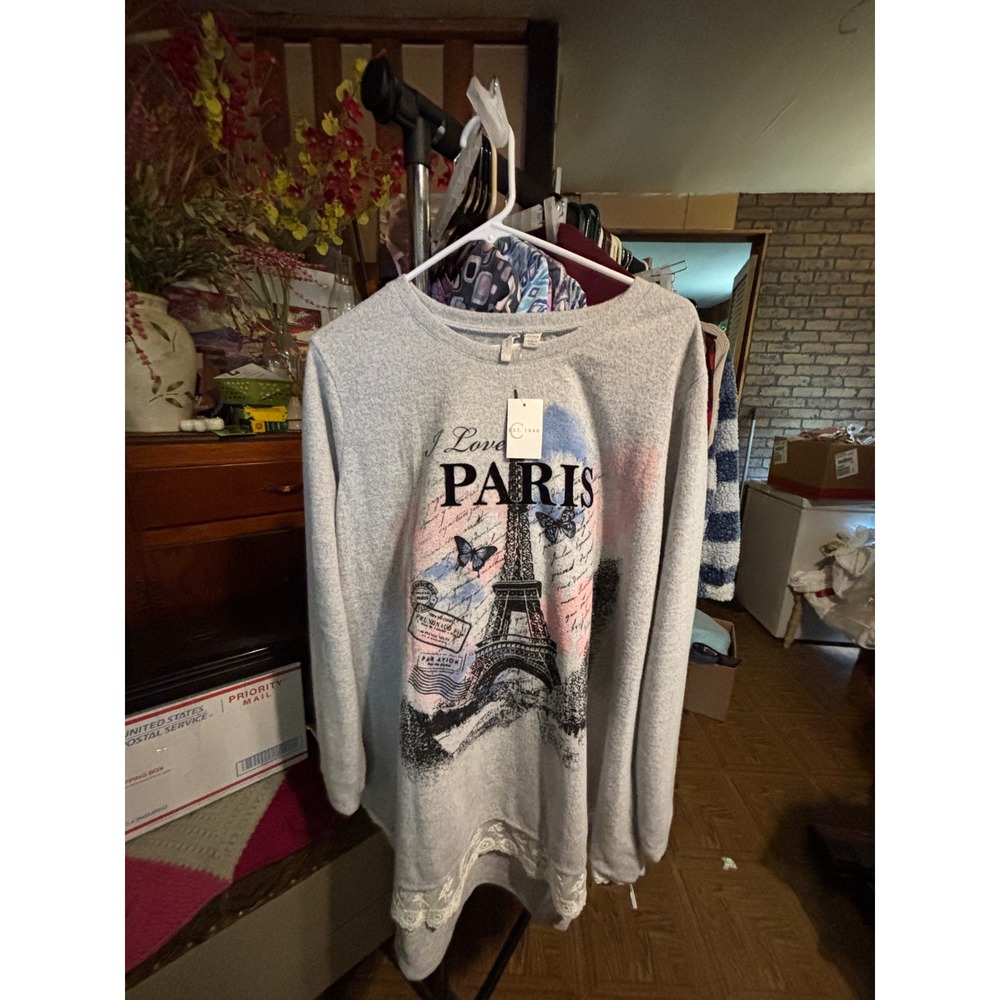 C Est 1946 Womens 22/24W Gray Love Paris Eiffel Tower Graphic Sweatshirt